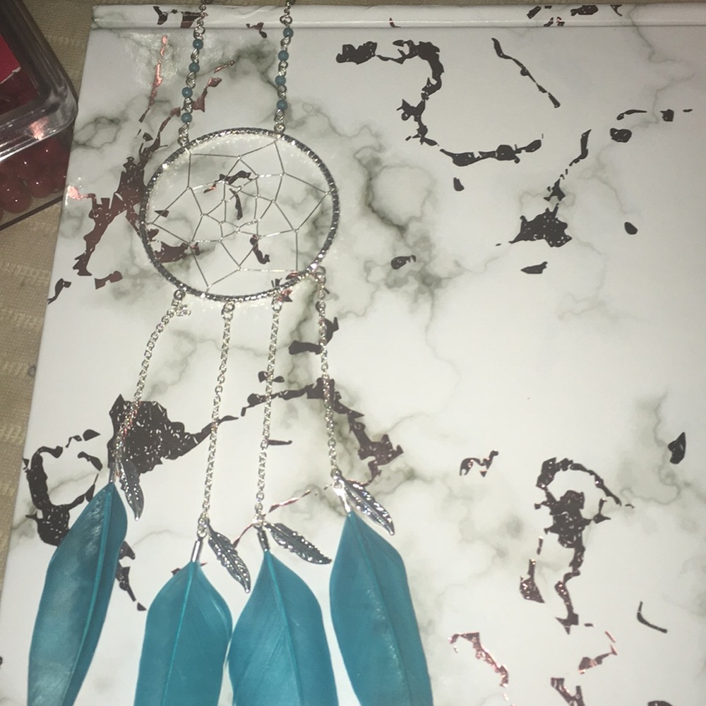 A dream catcher necklace with feathers